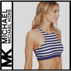 NWT Michael Kors High Neck Striped Swim Top Dark Azurite Blue Size M